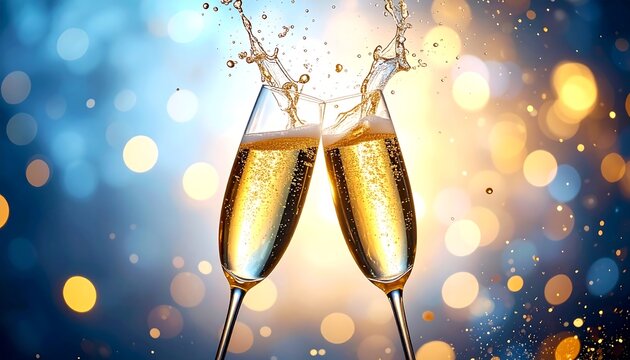 Champagne Toast Celebration: Sparkling Glasses Clinking with Golden Bubbles and Bokeh Background