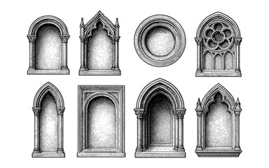 Intricate gothic architectural frames collection in detailed engraving style