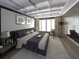 Luxurious modern bedroom with a large bed, neutral palette, and unique grid ceiling lighting. Features a wood-paneled wall, TV, and an armchair by the window, 3D rendering.
