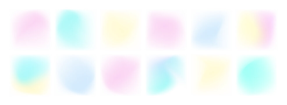 Pastel color gradient set. Pink iridescent glowing square backrounds. Vector kids aesthetic backdrop in soft light magenta violet pastel colors. Summer party social media post templates