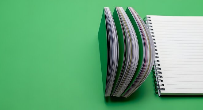 A neatly arranged stack of colorful magazines and a blank spiral notebook on a vibrant green background for creative planning or study purposes