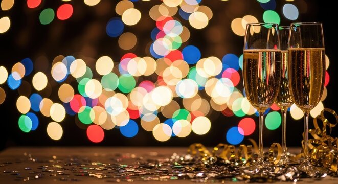 Champagne glasses with confetti and festive lights in the background