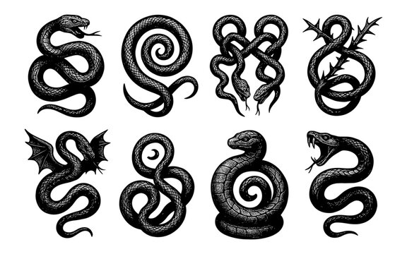 Set of ornate snake designs featuring mythological and abstract themes