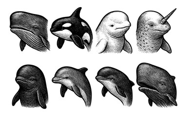 Intricate vintage etching of diverse whale species heads