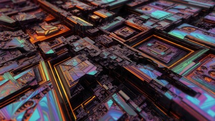 Obraz premium Abstract perspective of layered, geometric structures in iridescent hues, suggesting a complex system