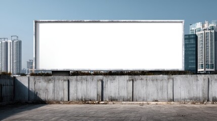 Obraz premium Blank billboard on a concrete wall with buildings in the background