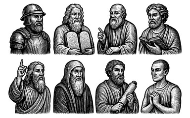 Engraved historical figures collection featuring ancient philosophers and biblical prophets