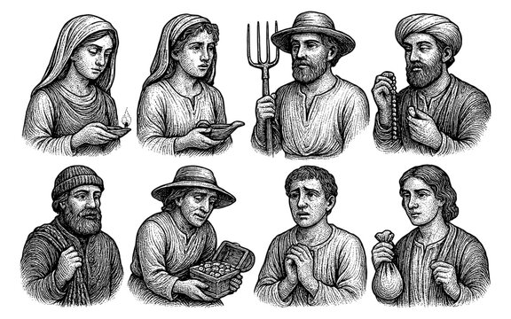 Engraving style medieval figures: diverse portraits and professions