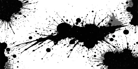 Black ink splat and splash texture design, grunge vector illustration background with drip stain and drop pattern border