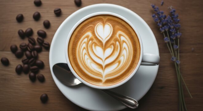 Overhead shot of latte art in white cup with beans and lavender sprig