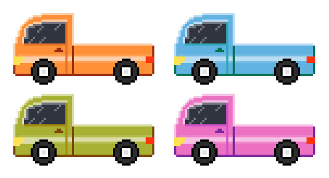 Pixel art Trucks set, game assets pixel art isolated design vector.