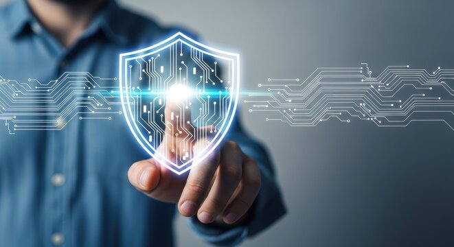 Man touching a digital shield icon representing cybersecurity and secure access