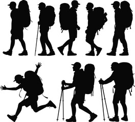 Obraz premium Hiker silhouette set, trekking poses with backpack and cap, black vector illustration, outdoor motion design, adventure walking sketch