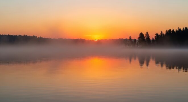 Sunrise over a misty lake with reflections of trees and orange sky