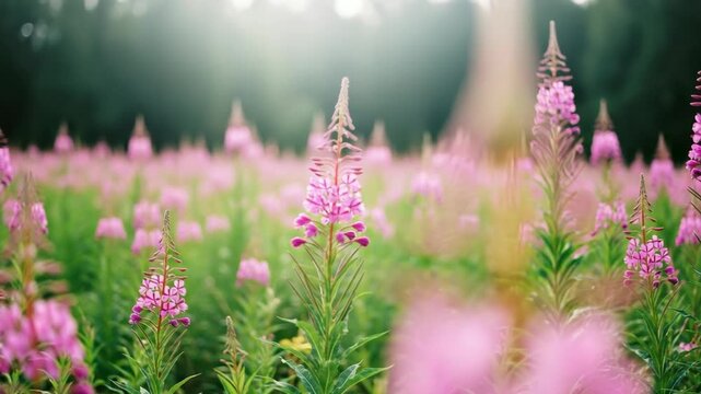 Panoramic view of a vibrant meadow with blooming pink fireweed flowers in summer. Serene nature landscape with soft sunlight for a beautiful website banner or background