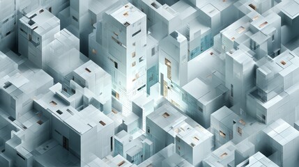 Abstract 3D cubic blocks form a conceptual structure, illustrating a technological, urban architecture design perspective