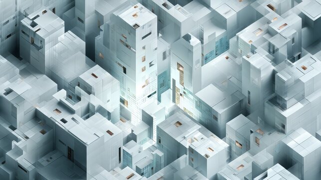 Abstract 3D cubic blocks form a conceptual structure, illustrating a technological, urban architecture design perspective