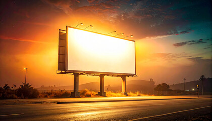Empty billboard at sunset with mountains in background