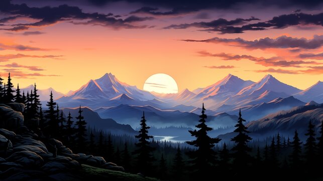 Sunset over misty mountain valley