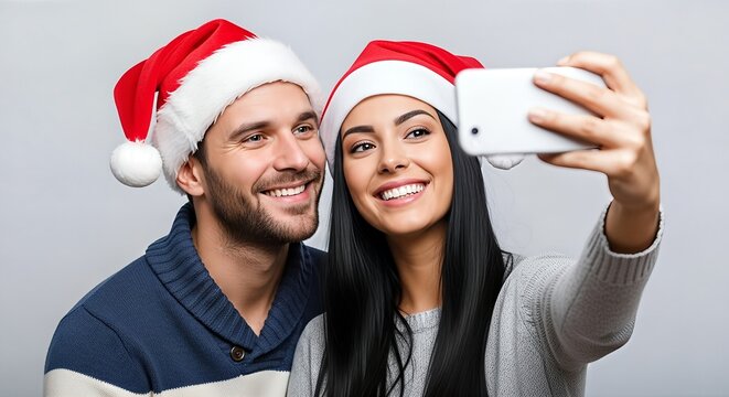 A happy couple wearing Santa hats takes a selfie with a smartphone during the Christmas season.