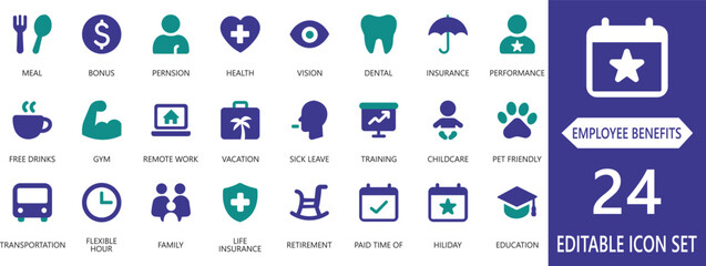 Professional employee benefits  flat vector icon set featuring wellness, insurance, and motivation symbols. Ideal for HR presentations, corporate materials, and business infographics.