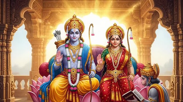 Divine Illustration of Lord Rama, Sita, and Hanuman Celebrating Ram Navami in Traditional Indian Temple Setting