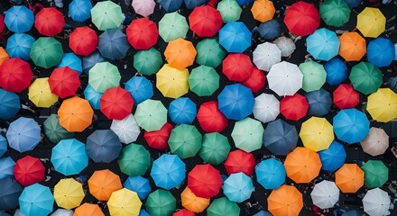A vibrant collection of colorful umbrellas arranged closely together, creating a lively and eye-catching canopy with a variety of hues and shades