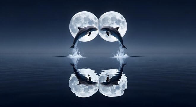 Two dolphins leaping out of the water with full moons in the background creating a symmetrical reflection on the calm ocean surface at night