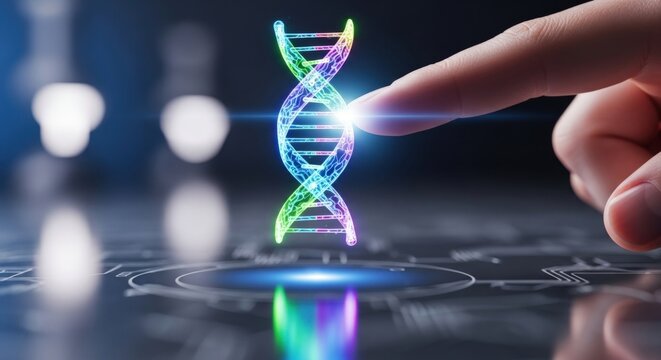 A hand touching a holographic DNA strand for genetic engineering and biotechnology