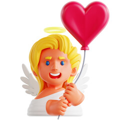 Female Cupid Holding Heart Balloon 3D Illustration
