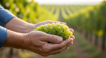 Hands Holding Fresh Green Grapes at a Vineyard in Sunny Landscape with Lush Rows of Vines Under Clear Sky During Harvest Season