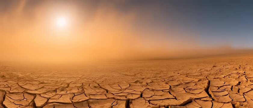 Sunset Panorama, Cracked Desert Ground, Vast Arid Landscape, Panoramic Photography, Dusty Atmosphere, Horizon Viewpoint, Dramatic Nature Concept
