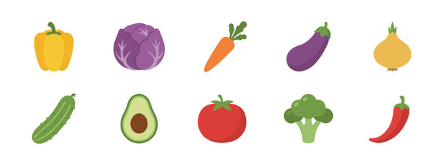 Set of various colorful fresh vegetables, including bell pepper, cabbage, carrot, eggplant, onion, cucumber, avocado, tomato, broccoli, and chili pepper.