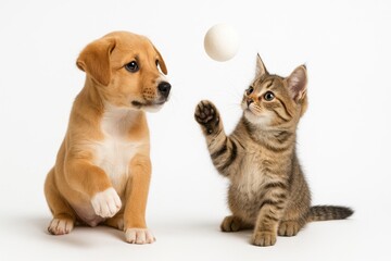 Puppy and kitten playful mid air on white background foam ball hovering between as both reach with paws for pet play and fun themes