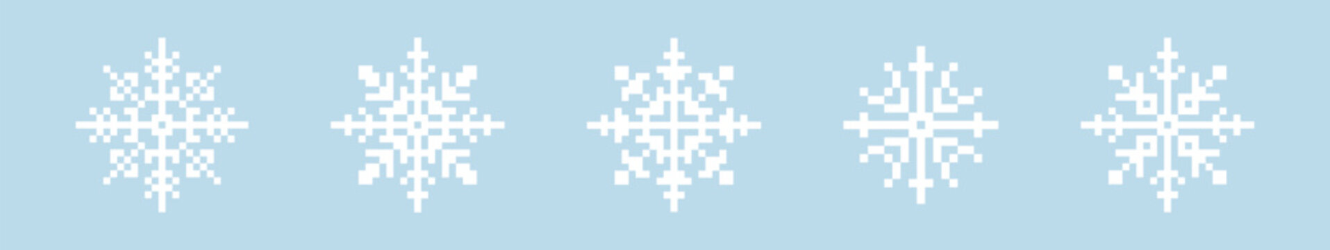 Set of white pixelated snowflakes on a light blue background.