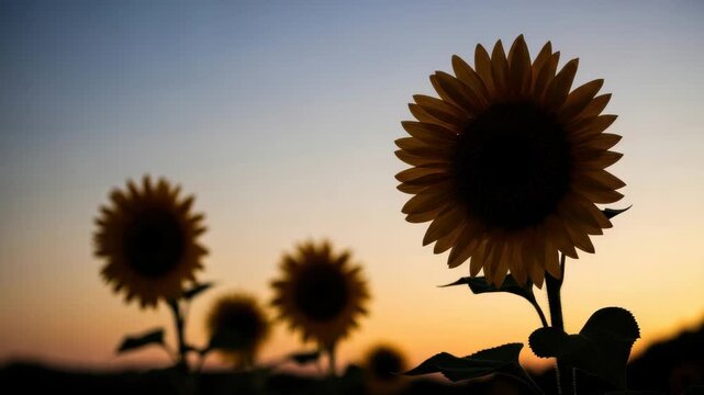 Silhouettes of sunflowers in a scenic farm field at dusk. A beautiful summer nature panorama with warm evening light and a colorful gradient sky for a website header