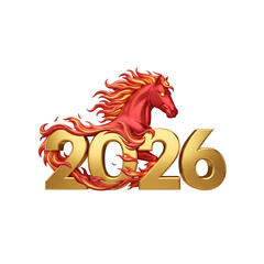 The inscription 2026 with a gold 3D texture and a fiery horse