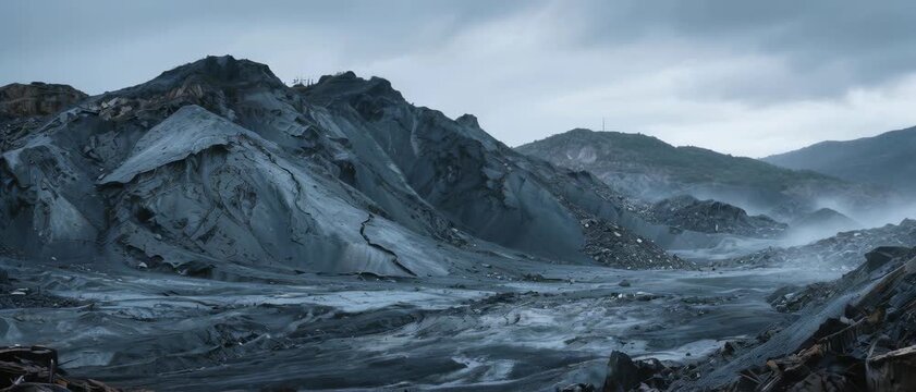 Dramatic Volcanic Landscape, Rugged Mountains, Volcanic Plains, Photography, Foggy Overcast Environment, Wide-Angle Viewpoint, Moody Geological Concept