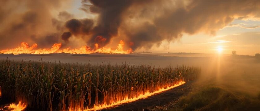 Corn Field Burning, Crop Residue Fire, Rural Farm Landscape, Dramatic Sunset, Aerial Viewpoint, Agricultural Practice, Fiery Environmental Concept