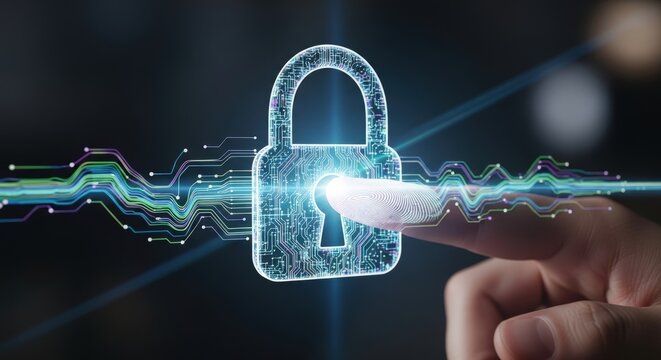 Fingerprint scanning on a digital padlock representing cybersecurity and data protection - Powered by Adobe