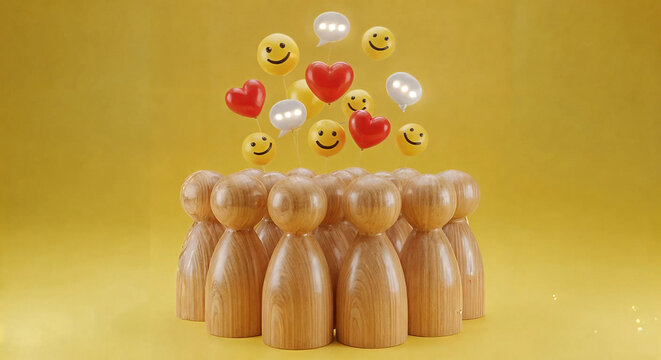 A group of wooden figures representing people with happy emojis and hearts floating above them