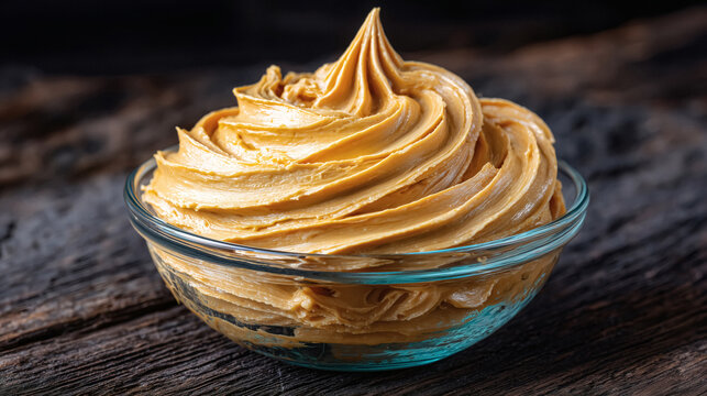 Creamy smooth peanut butter swirled elegantly in a glass bowl on rustic wood background