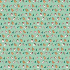 Seamless holiday pattern illustration showcasing the festive cheer of Christmas with icons of Santa, gingerbread, and candy canes
