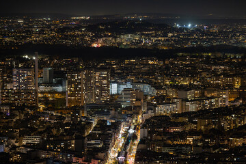Aerial view of a sprawling cityscape ablaze with golden light, revealing the distinct silhouettes of buildings and the dark paths of streets, Paris, Ile-de-France, France.