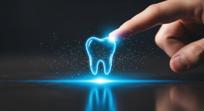 Finger touching a digital tooth icon representing modern dental care technology