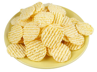 A pile of corn chips on a yellow plate. Round corn chips.