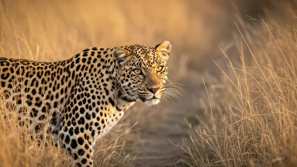 A majestic leopard walks through golden savanna grass. Its spotted fur blends seamlessly with the dry environment. Capturing the essence of african wildlife in motion - Powered by Adobe