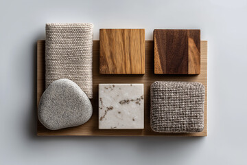 Assorted texture samples with wood, stone, and fabric