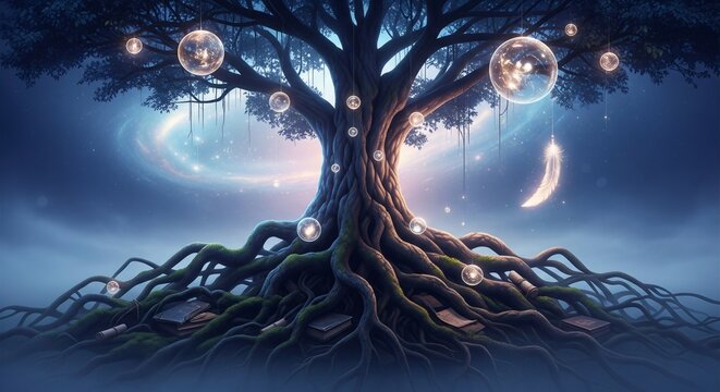 Mystical Tree with Glowing Orbs in a Dreamy, Ethereal Landscape at Night