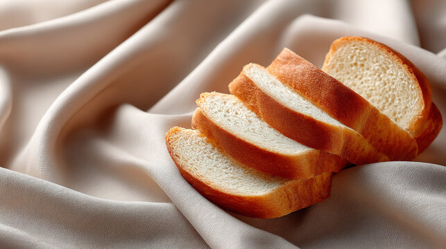Sliced white bread on smooth beige fabric surface